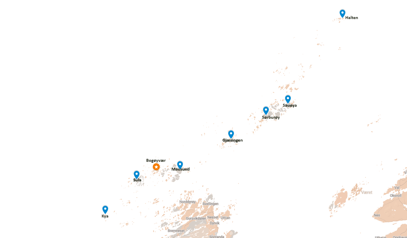Map of Øyrekka from Kya in the south to Halten in the north